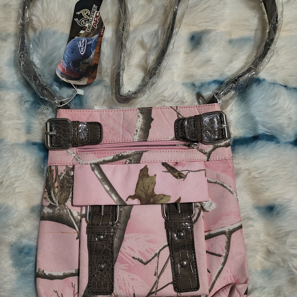 Realtree Pink Camouflage Crossbody Bag with Brown Buckle Accents